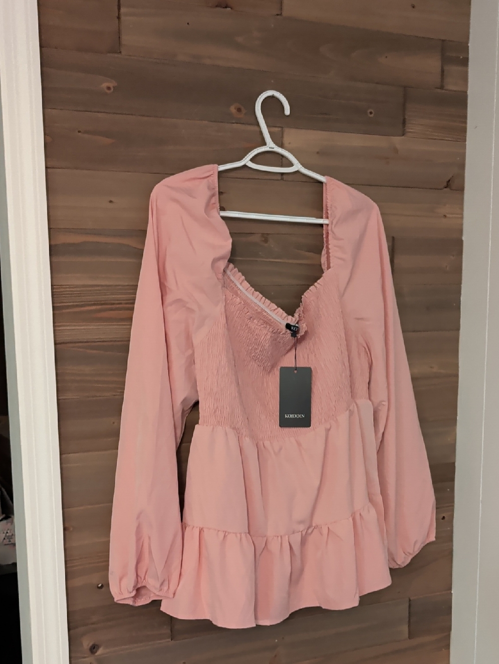 Kojooin Smocked Peplum Long Sleeve Top - Dusty Pink 5XL